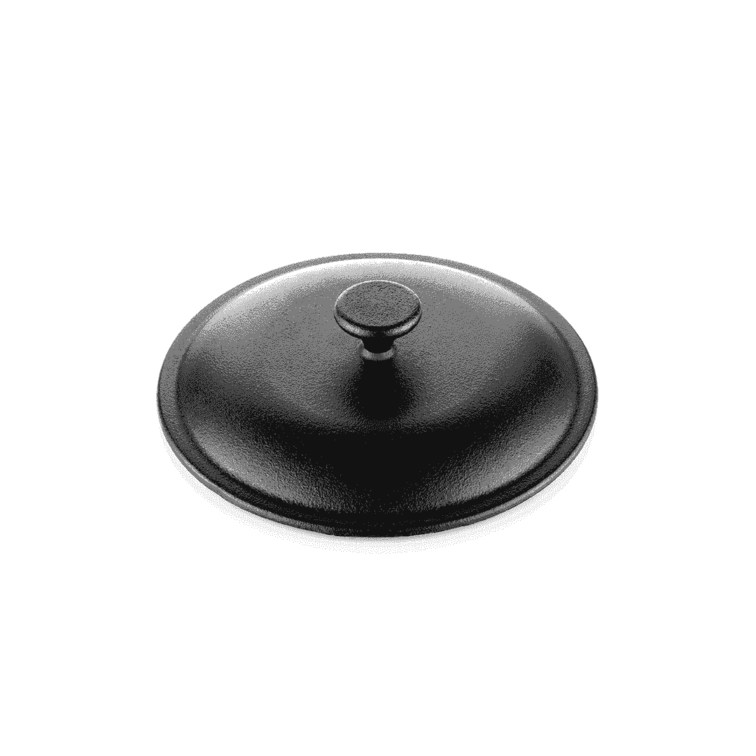 Black 24cm cast iron Nix Lid with a round top handle, designed for Dutch ovens and kadais.