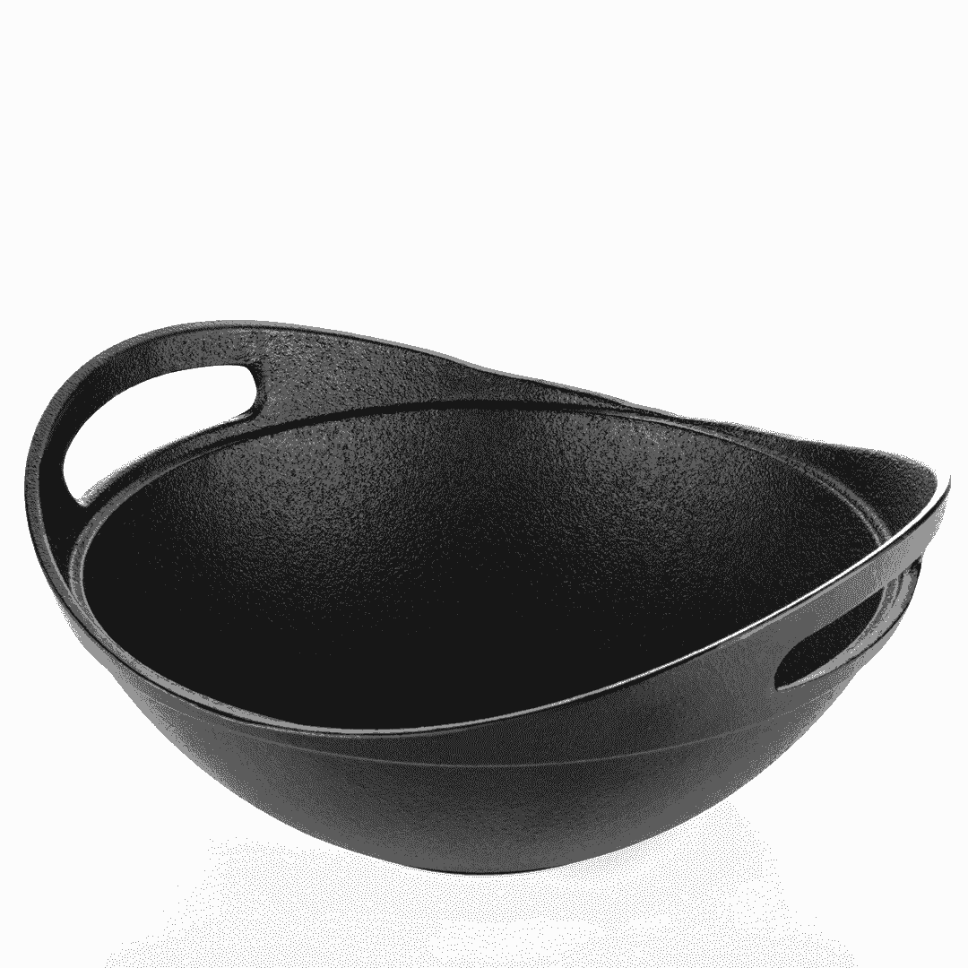 Roca Europa 24cm pre-seasoned cast iron kadai with integrated side handles and a matte black finish.
