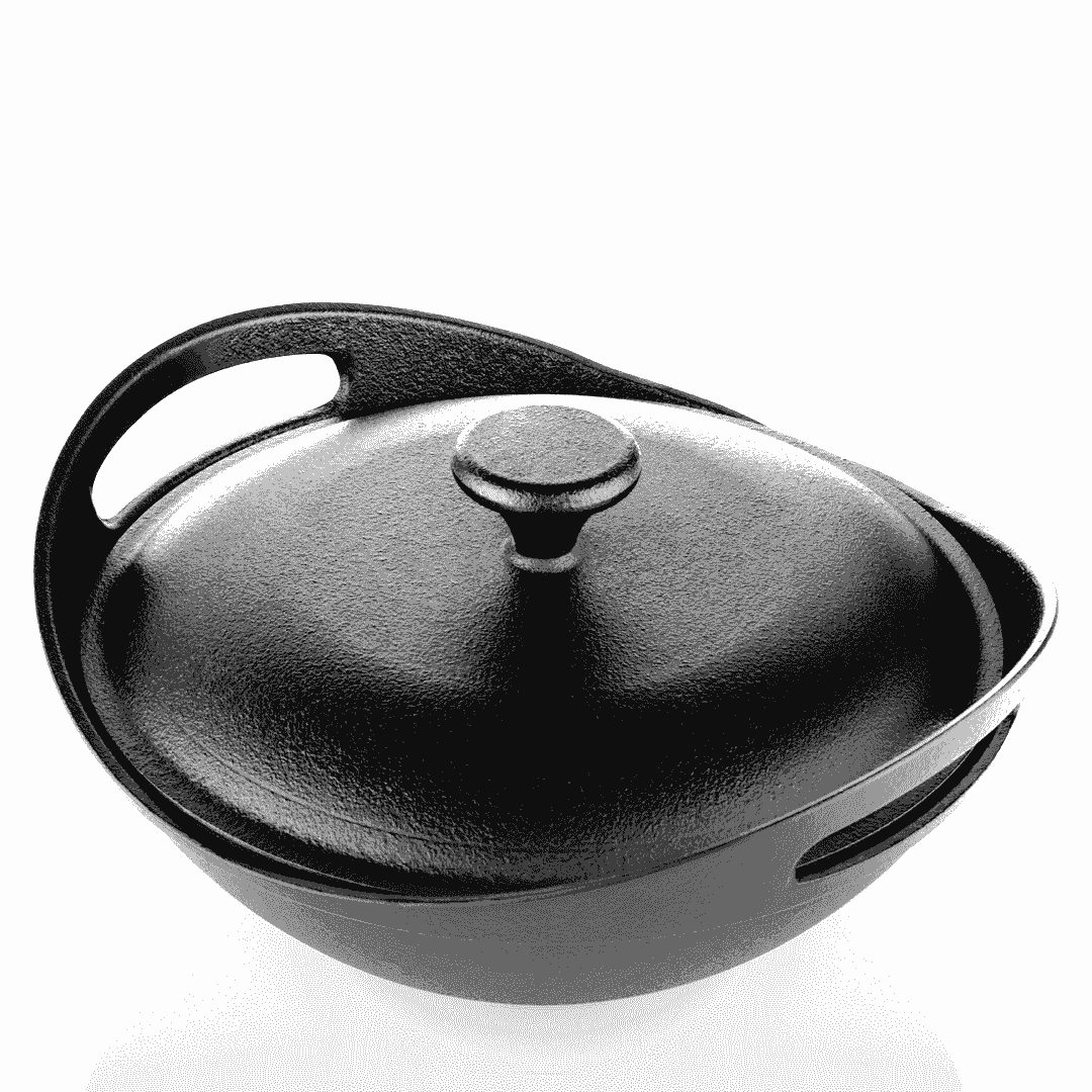 Roca Europa 24cm pre-seasoned cast iron kadai with a matching lid and integrated side handles.