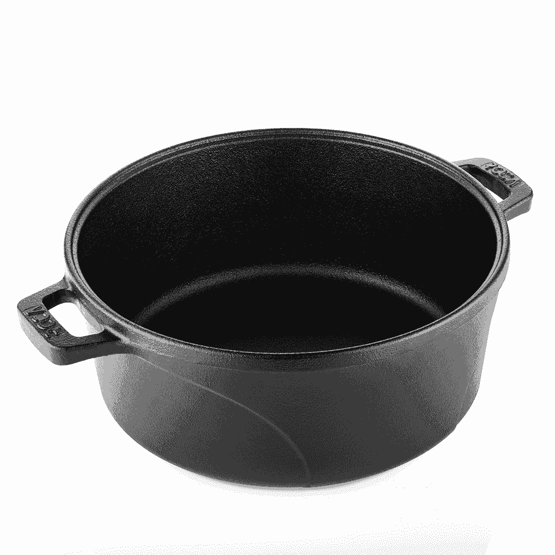 Roca Europa 24cm pre-seasoned black cast iron Dutch oven with side handles.