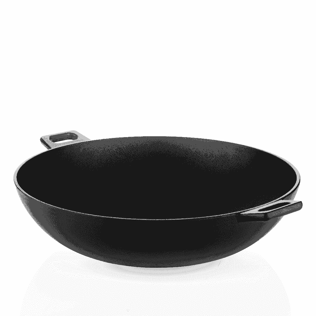 Roca Nix 30cm pre-seasoned black cast iron kadai with two side handles on a white background.