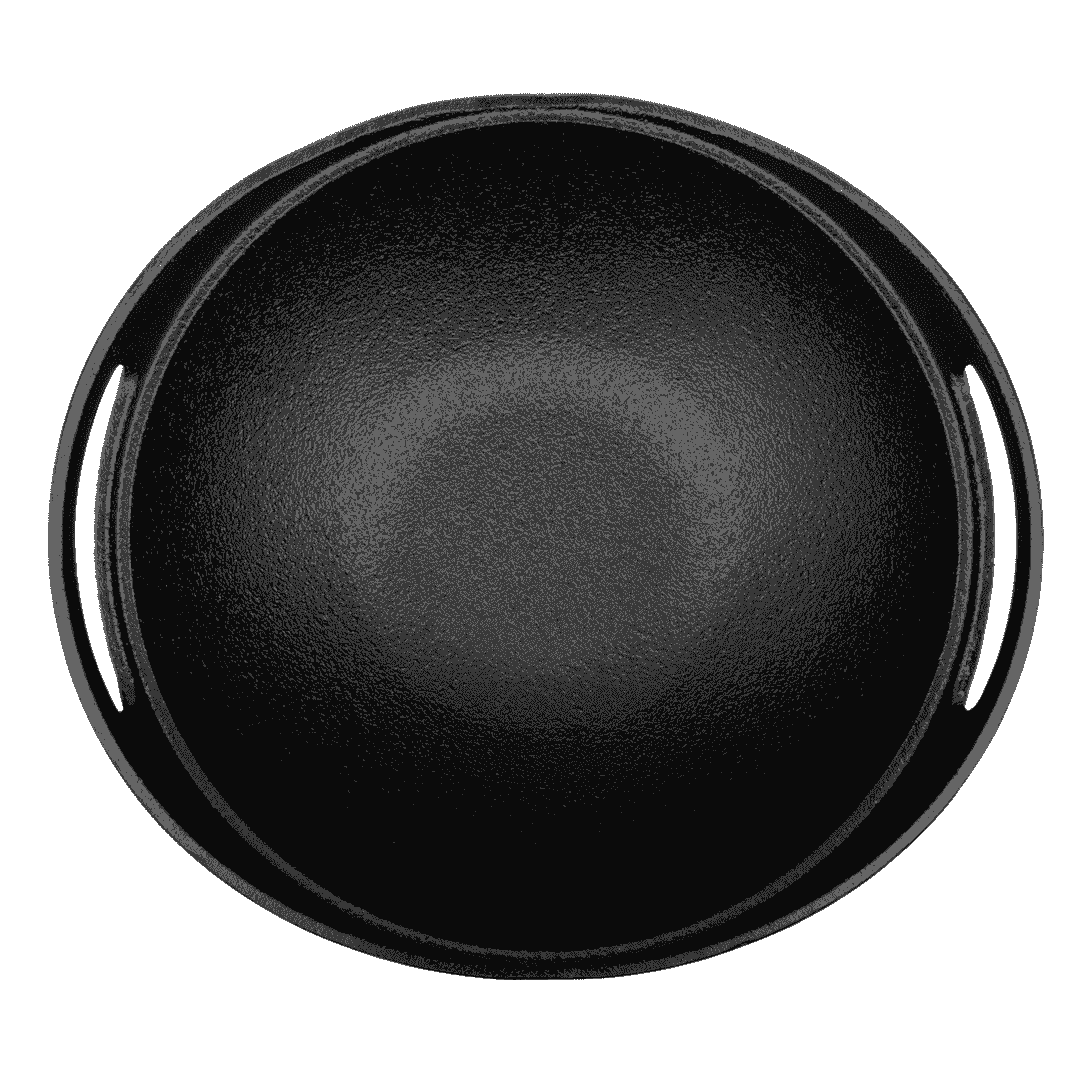 Top view of a 24cm Roca Europa cast iron kadai with a pre-seasoned black finish and side handles.