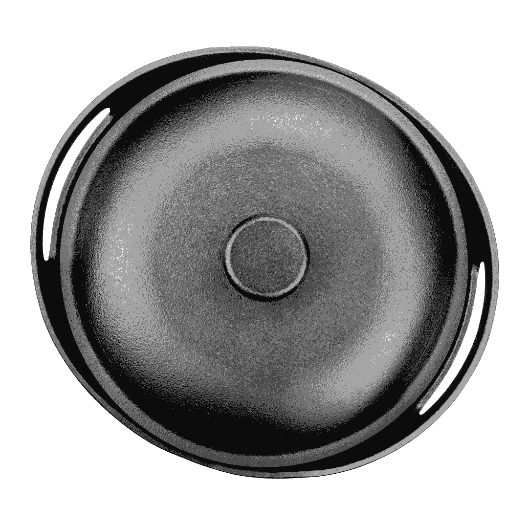 Top-down view of a black pre-seasoned cast iron lid with a round handle and side cutouts.