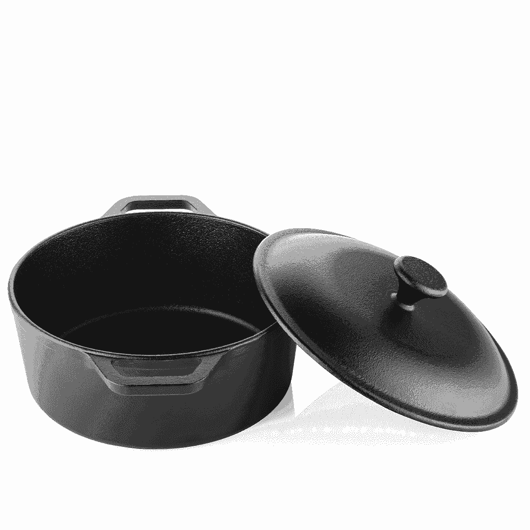 Black pre-seasoned 24cm cast iron Dutch oven with its lid resting against the side.