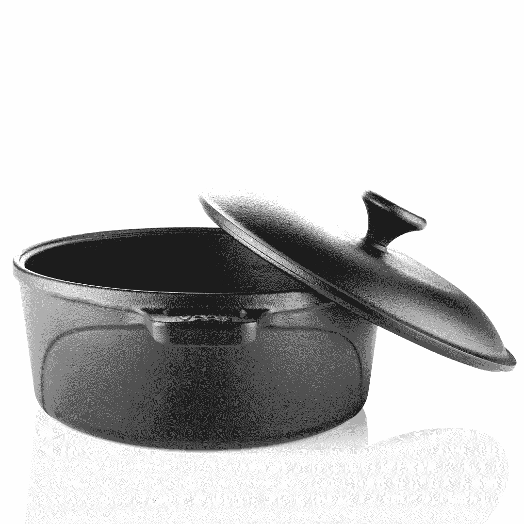 Black 24cm pre-seasoned cast iron Dutch oven with a matching lid resting partially open.
