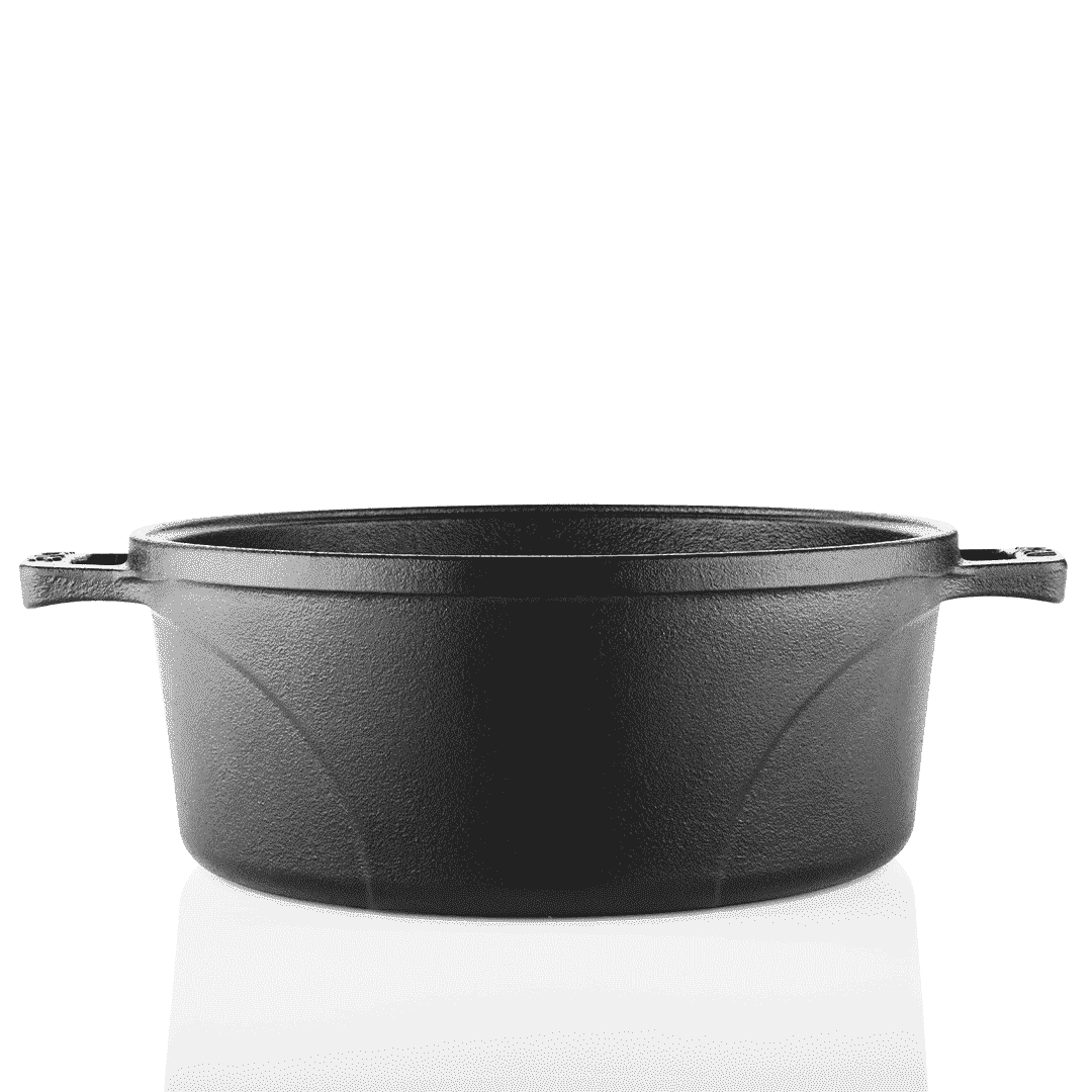 Roca Europa 24cm pre-seasoned black cast iron Dutch oven with side handles on a white background.