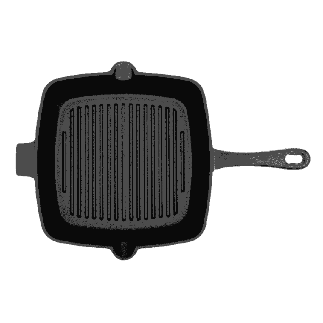 Square 24cm pre-seasoned cast iron grill pan with ridges, helper handle, and pour spouts.
