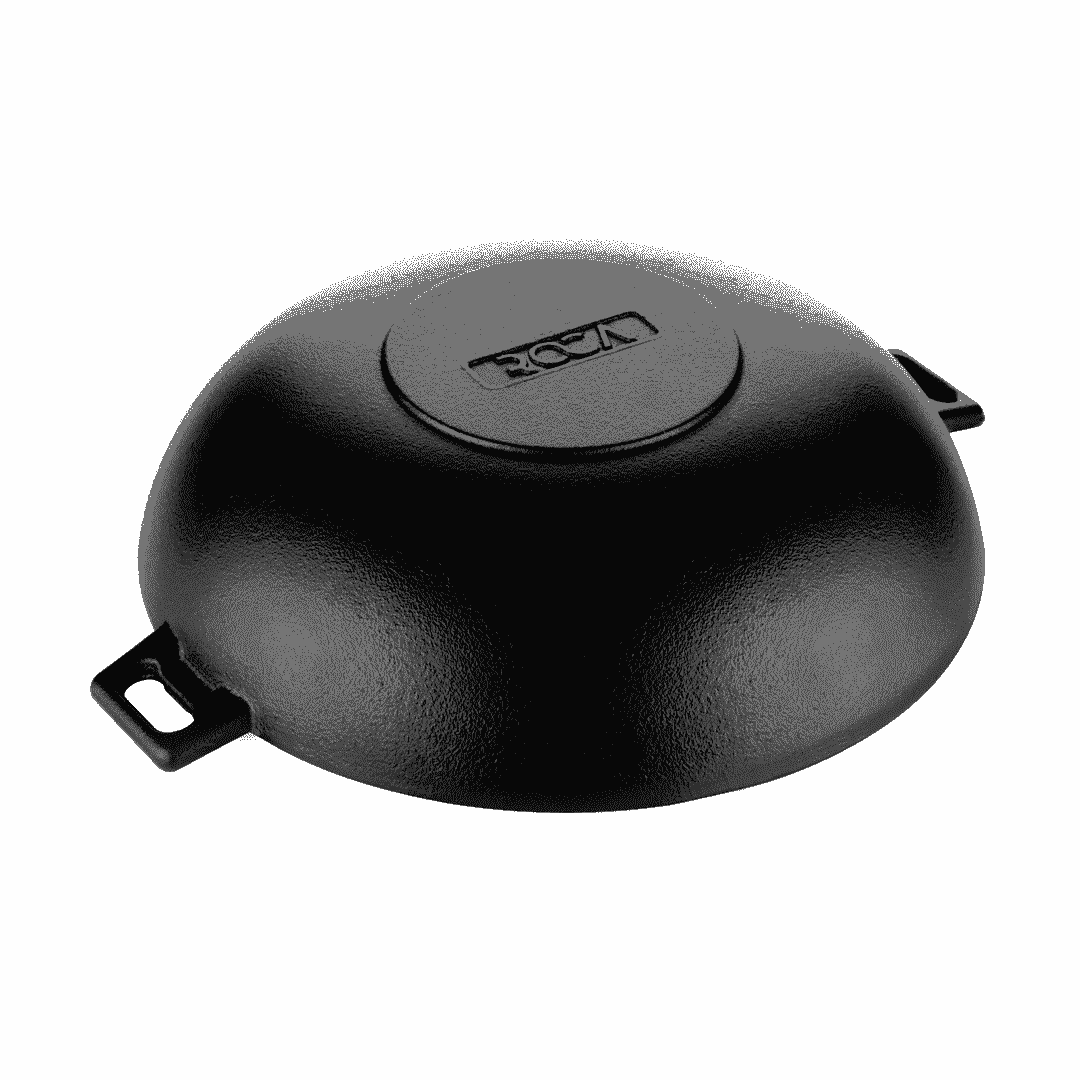 Bottom view of a black Roca Nix 30cm cast iron kadai showing its flat base and side handles.