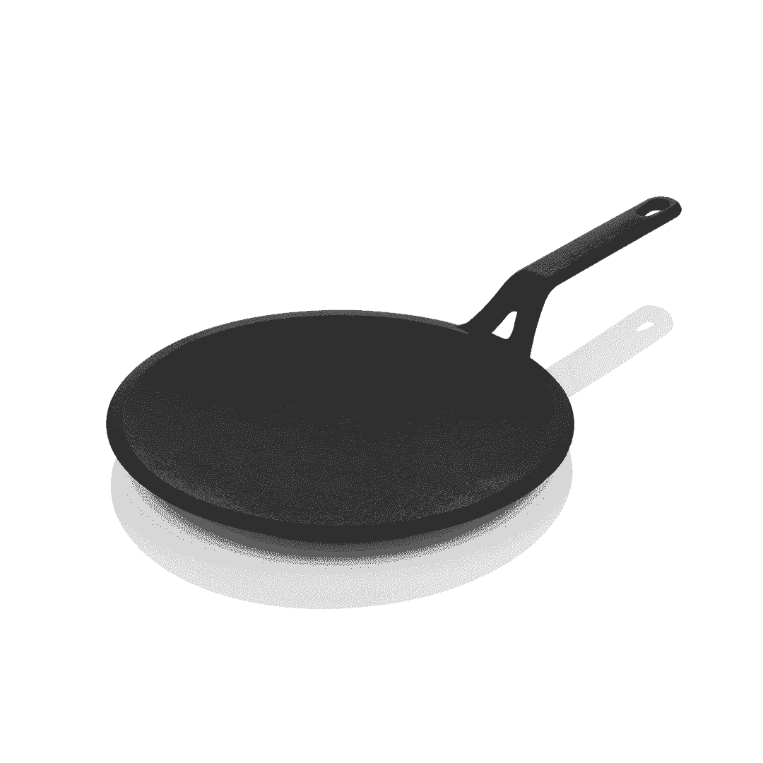 Roca Nix 26cm pre-seasoned cast iron roti tawa with a long handle on a white background.