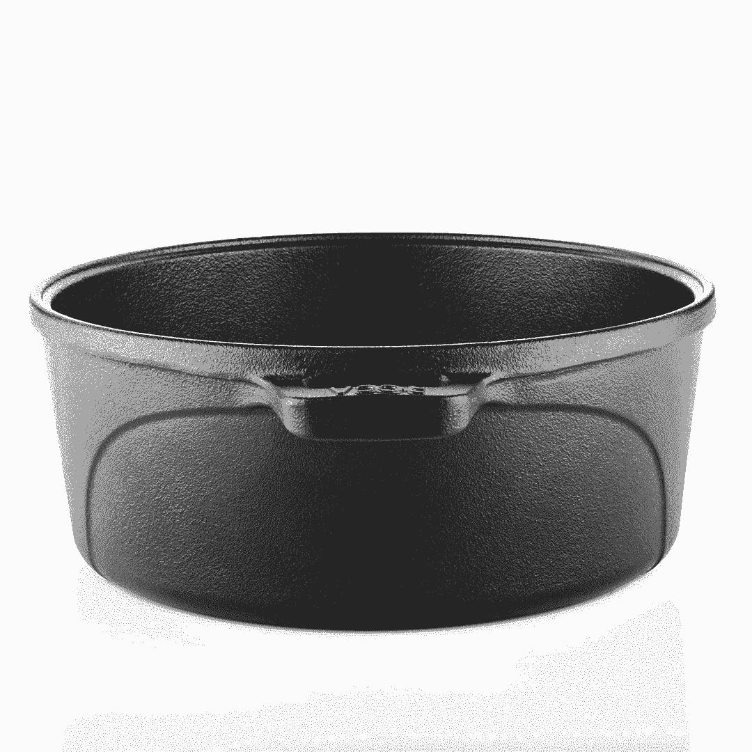 Black pre-seasoned 24cm Roca Europa cast iron Dutch oven with integrated side handles.