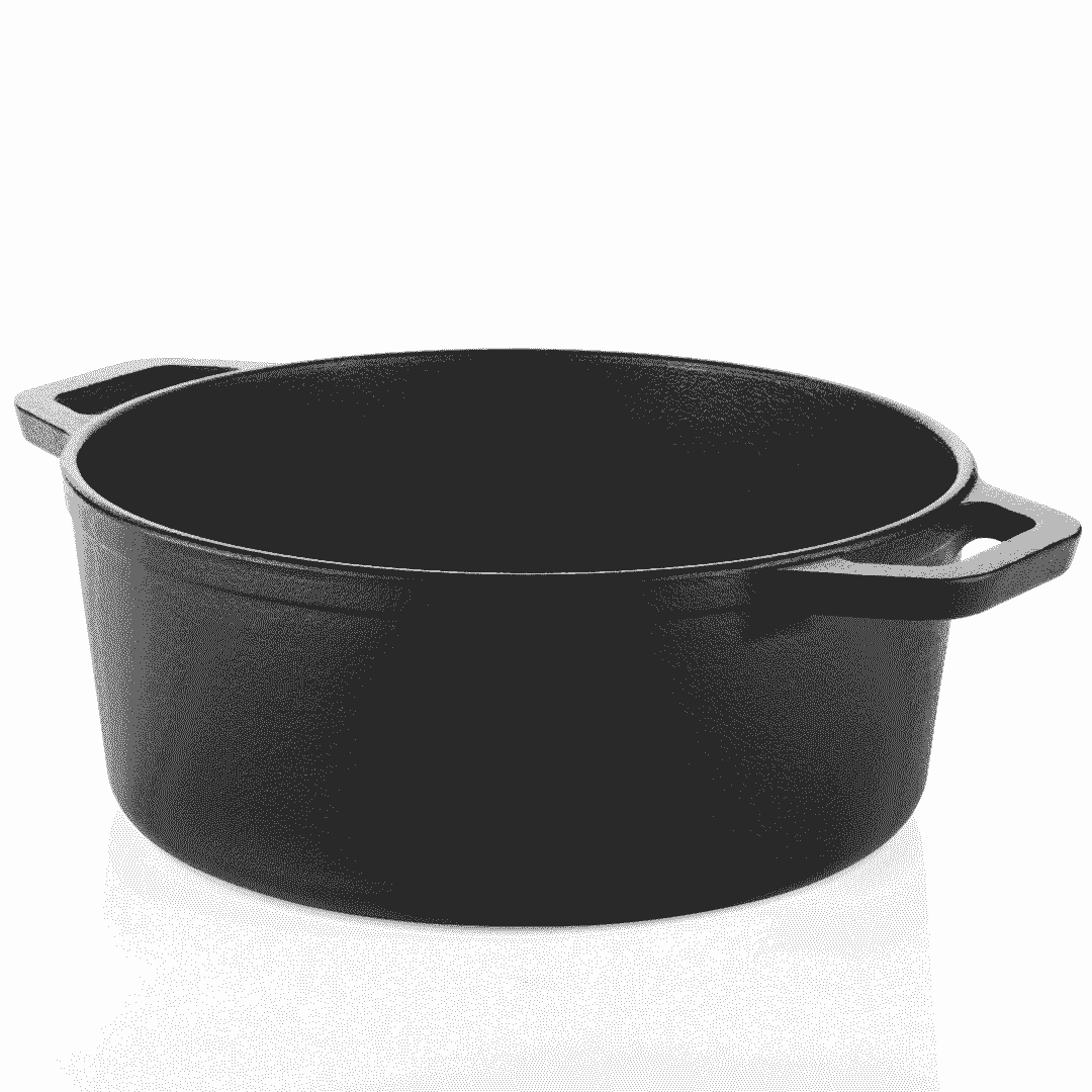 Black pre-seasoned 24cm cast iron Dutch oven with dual side handles on a white background.