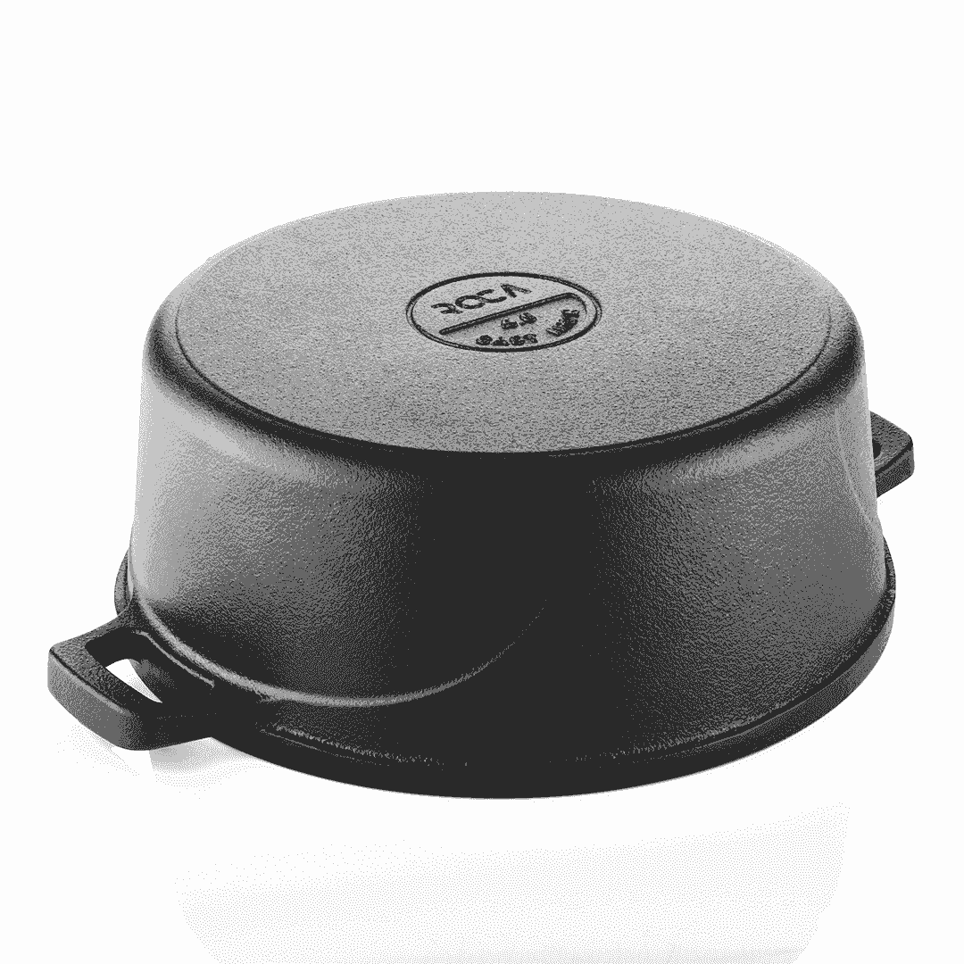 Upside-down Roca Europa 24cm cast iron Dutch oven showing the textured base and side handles.