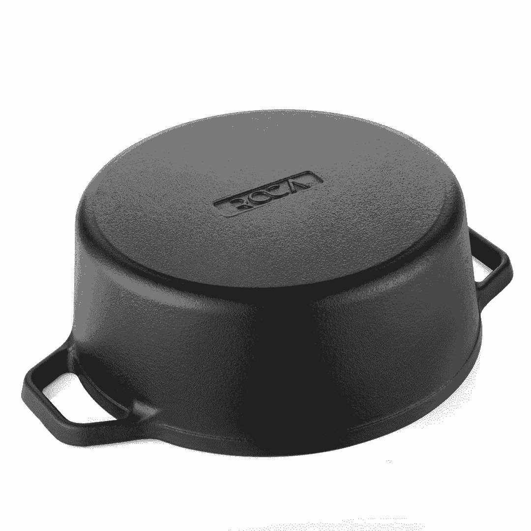 Upside down view of a black Roca Nix 24cm cast iron Dutch oven showing the embossed logo on the base