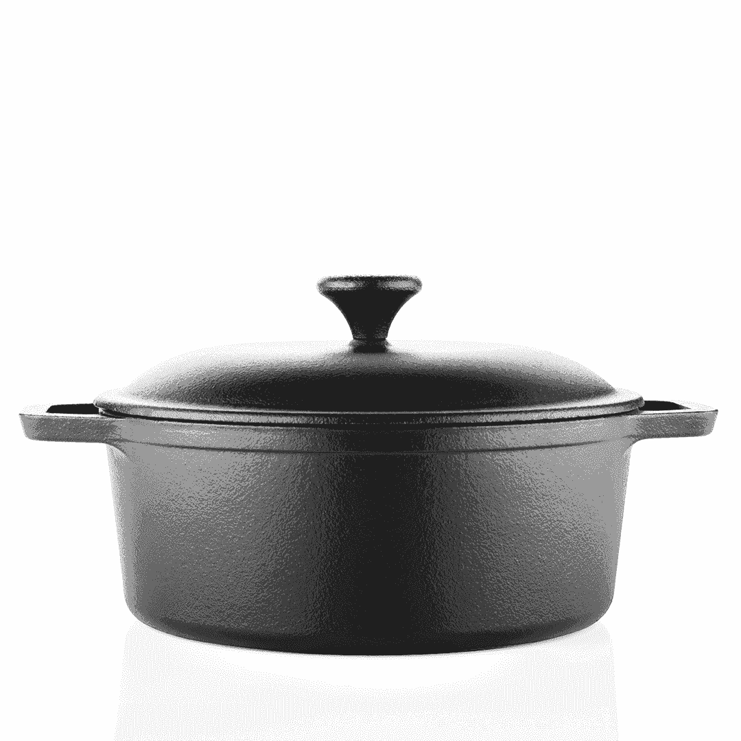 Black pre-seasoned cast iron Dutch oven with lid and side handles on a white background.