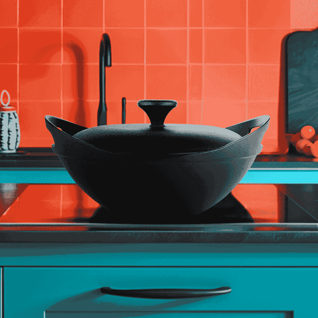 Black 24cm Roca Europa cast iron kadai with lid on a modern induction cooktop.