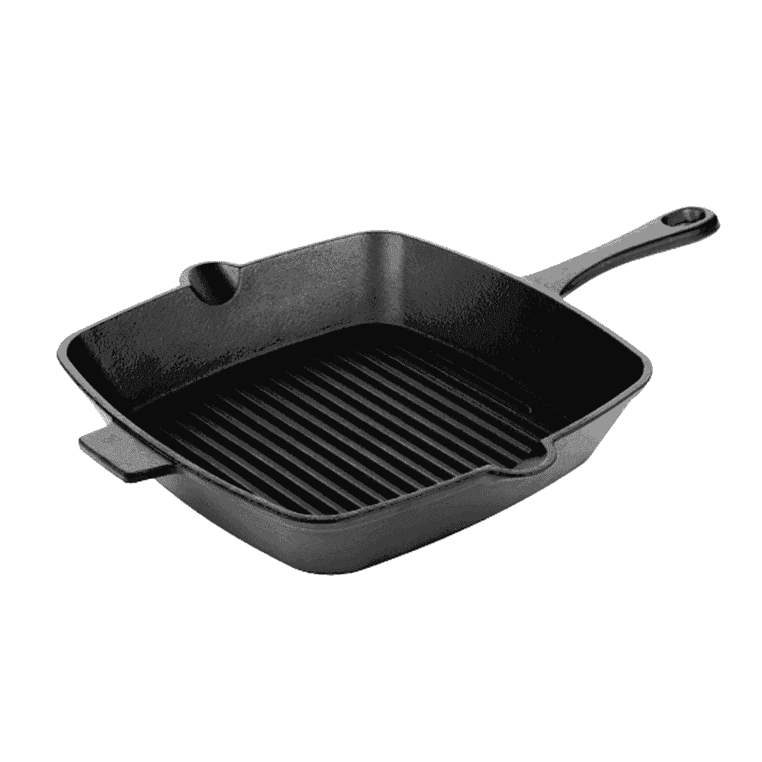 Square 24cm pre-seasoned black cast iron grill pan with ridges and a long handle.