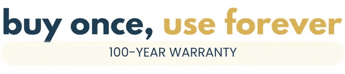 Text graphic reading "buy once, use forever" with "100-YEAR WARRANTY" below it.
