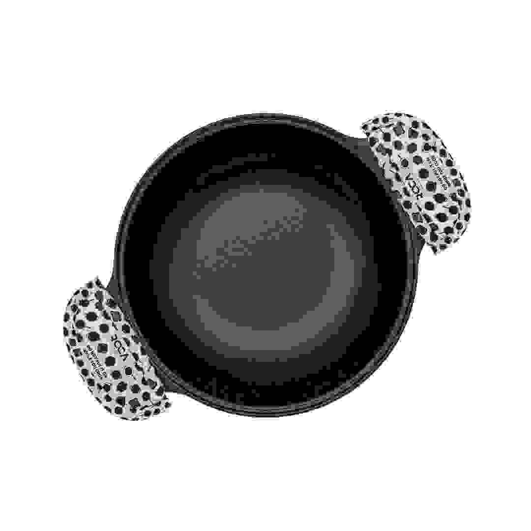 Top view of a 20cm Roca Triton cast iron kadai with patterned cotton handle sleeves.