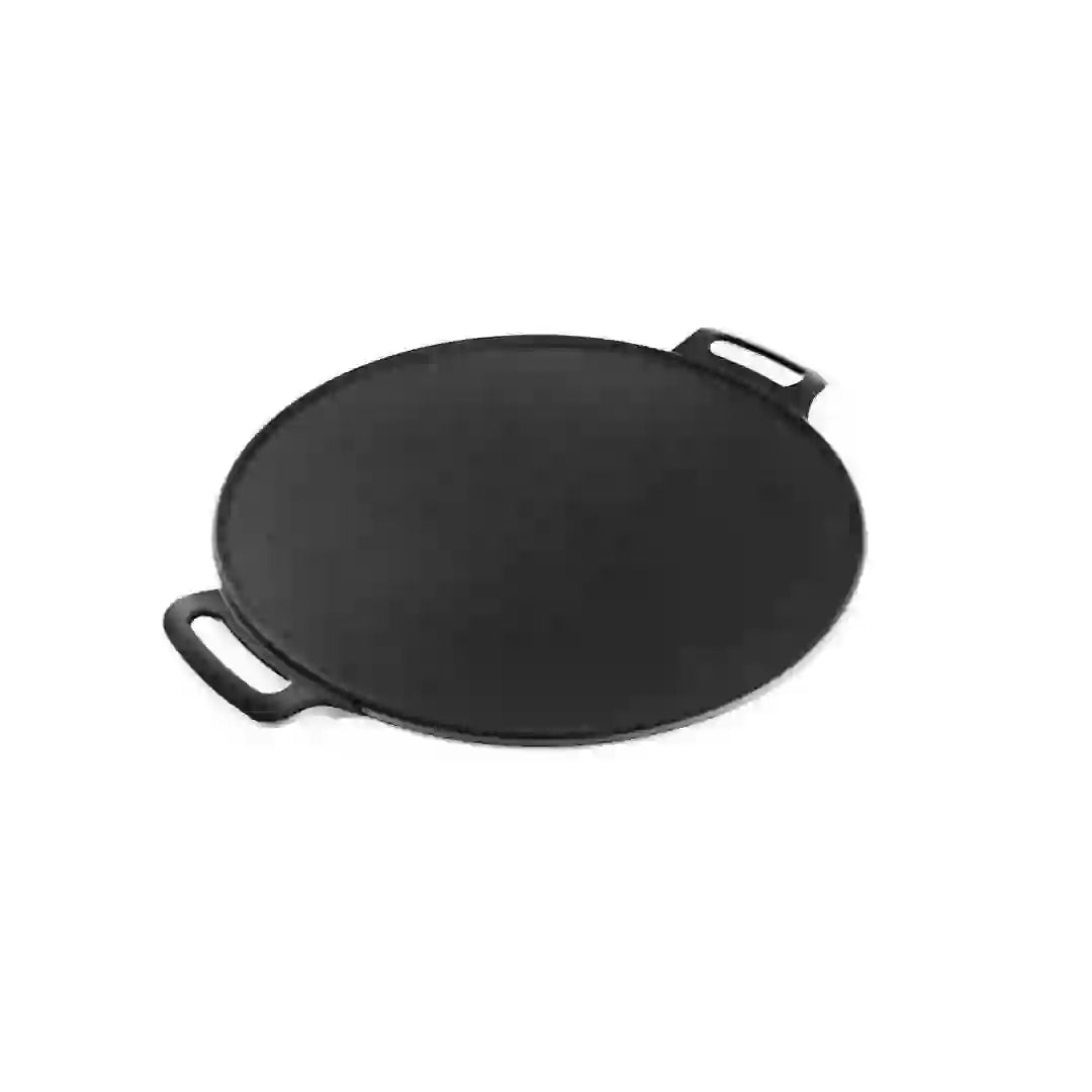 Black cast iron Triton Dosa Tawa with double handles on a white background.