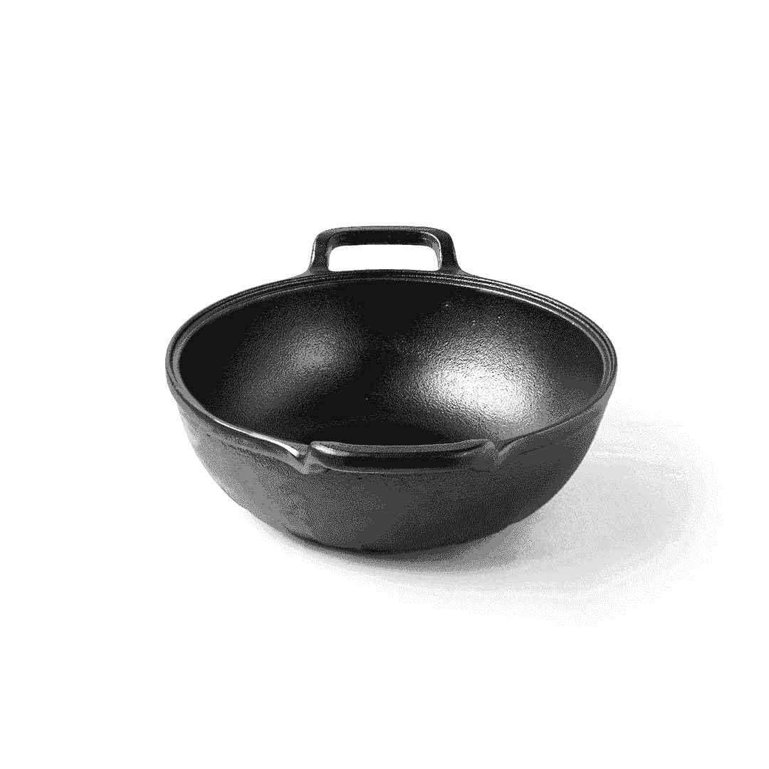Roca Triton 24cm pre-seasoned black cast iron kadai with two integrated side handles.