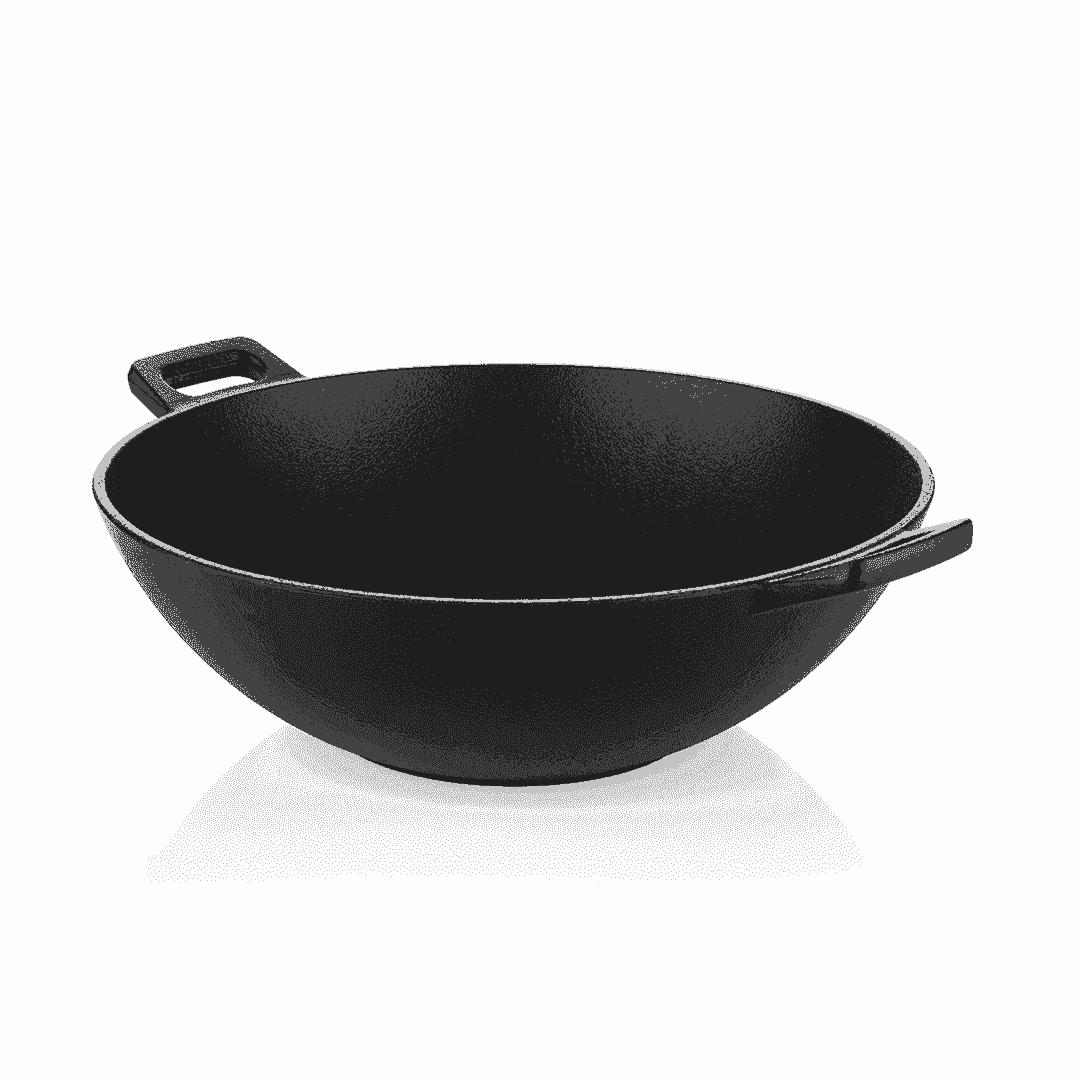 Roca Nix 24cm pre-seasoned black cast iron kadai with dual side handles on a white background.