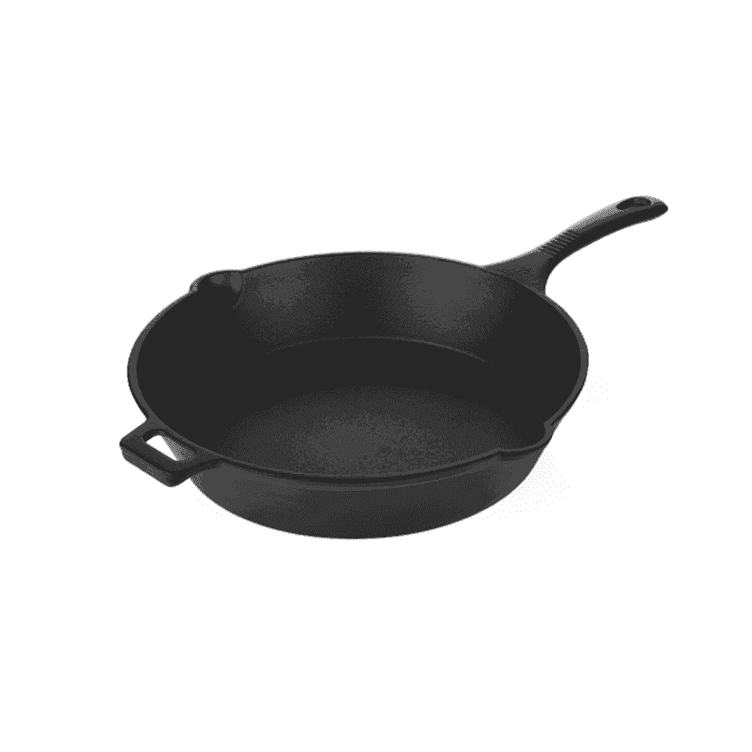 Roca Europa 25cm pre-seasoned black cast iron skillet with helper handle and pour spout.