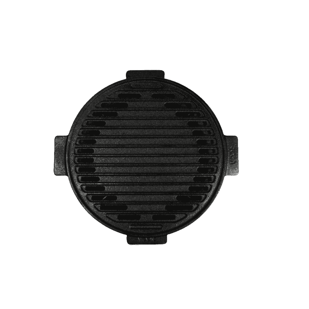 Round 24cm pre-seasoned cast iron stove grill with horizontal ridges and side handles.