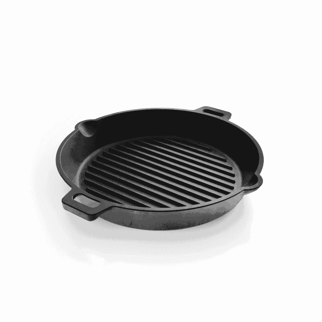 Round 25cm pre-seasoned black cast iron grill pan with dual handles and raised ridges.