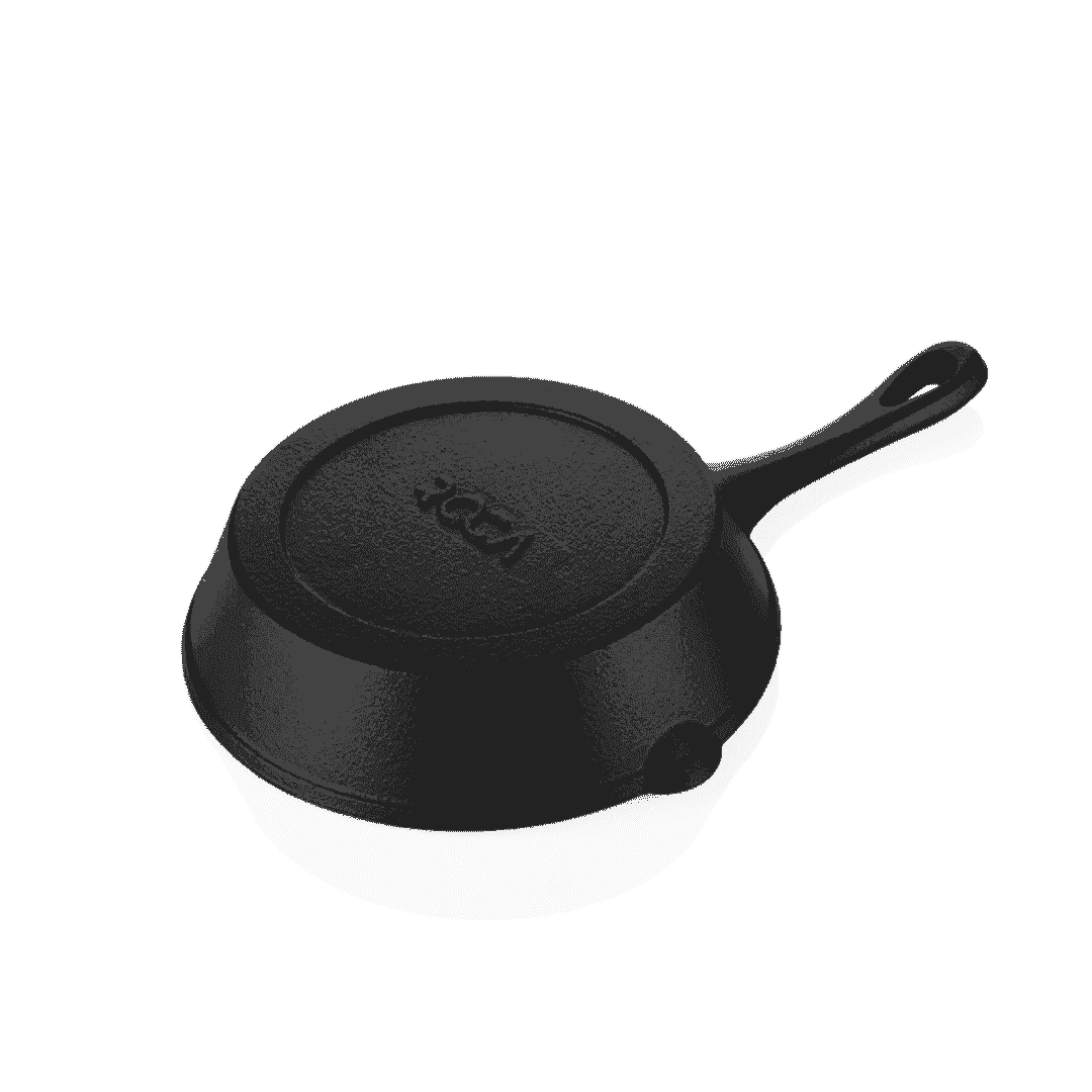 Bottom view of a pre-seasoned 19cm Roca Europa cast iron skillet with embossed logo and handle.