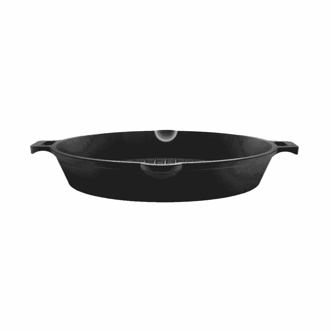 Round 25cm pre-seasoned black cast iron grill pan with dual side handles and pour spouts.