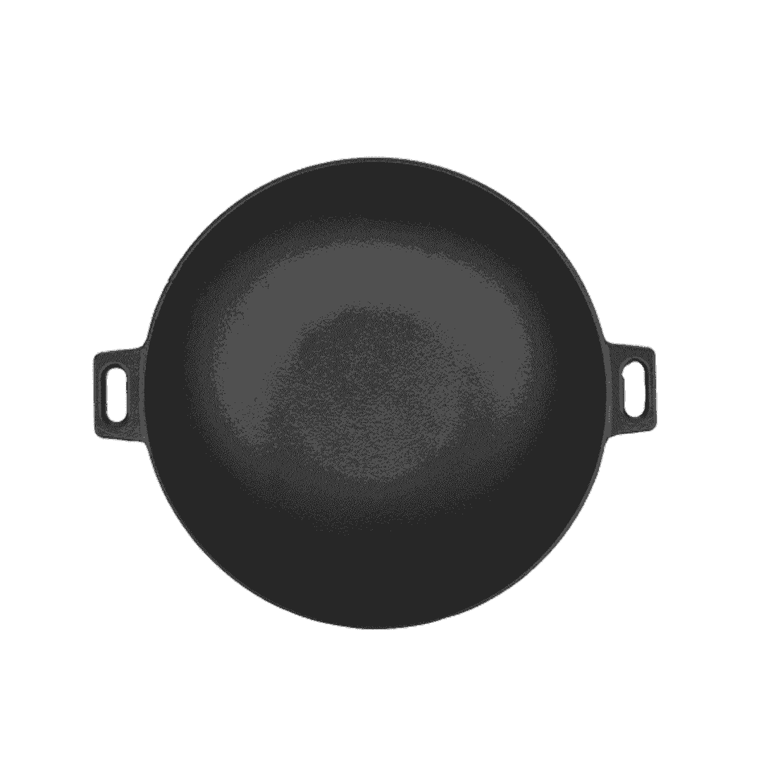 Top view of a 24cm black pre-seasoned cast iron kadai with two side handles.