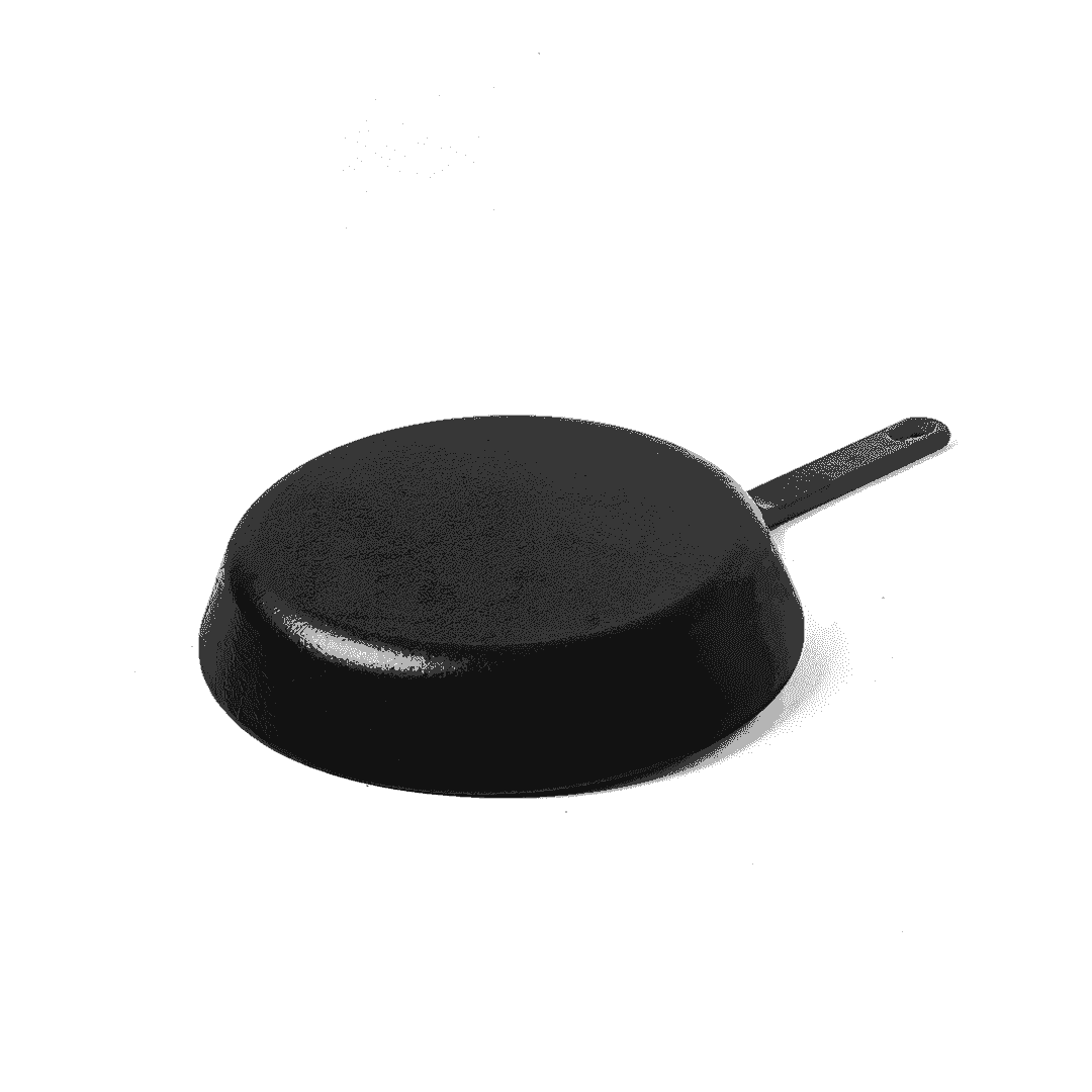 Upside down view of a 24cm Roca Nix pre-seasoned black cast iron skillet on a white background.