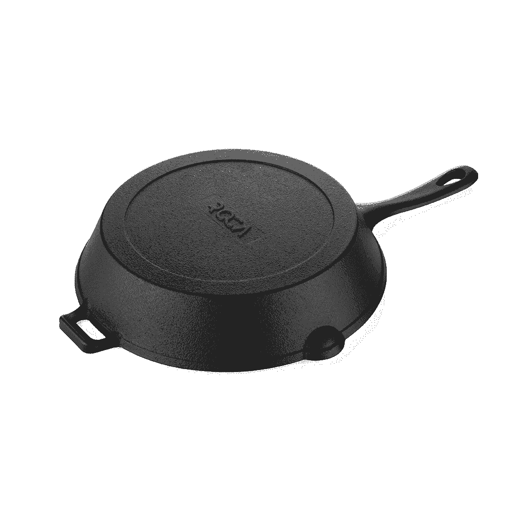 Bottom view of a 25cm black pre-seasoned cast iron skillet with a helper handle and main handle.