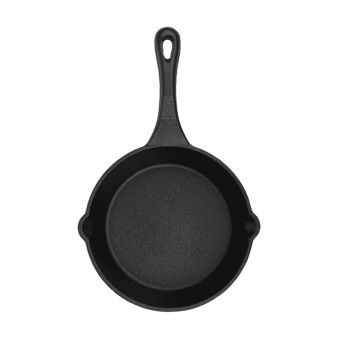 Top view of a 19cm pre-seasoned black cast iron skillet with dual pour spouts and a long handle.