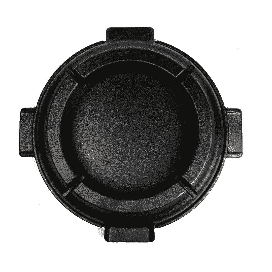 Top view of a round 24cm pre-seasoned black cast iron stove grill with four side handles.