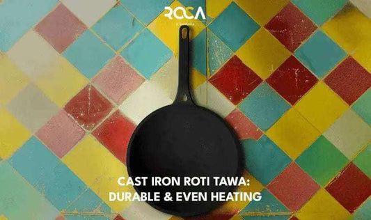 Roca Europa 25cm pre-seasoned cast iron dosa tawa with a long handle against a tiled background.