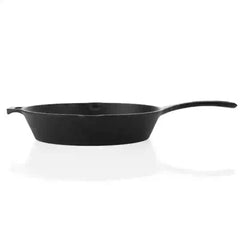 Side view of a pre-seasoned black cast iron skillet with a long handle and a helper handle.
