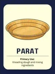 Educational flash card showing a brass Parat used for kneading dough and mixing ingredients.