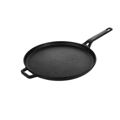 Roca Nix 28cm pre-seasoned cast iron dosa tawa with a long handle and a small helper handle.