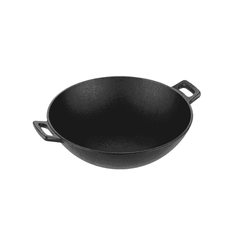 Roca Nix 24cm pre-seasoned black cast iron kadai with two side handles on a white background.