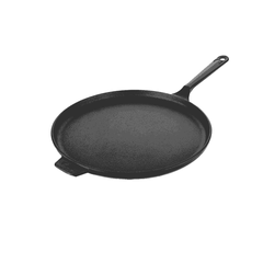 Roca Europa 28cm cast iron dosa tawa with a long handle and a small helper handle.