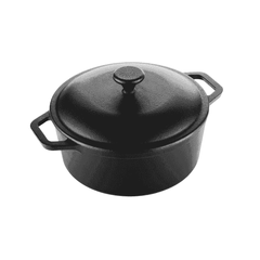 Roca Nix 24cm pre-seasoned black cast iron Dutch oven with lid and side handles.
