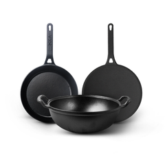 Chulha Champions Combo (Rustic cooking, modern style) | Classic Skillet - 24 cm, Triton Kadai - 24 cm, Classic Roti Tawa - 26 cm | Free Handle Sleeves & Storage Bag