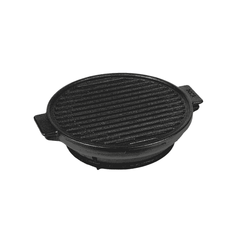 Round 24cm pre-seasoned cast iron stove grill with dual side handles and a ridged surface.