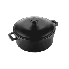 Black 24cm Europa cast iron Dutch oven with lid and side handles, made in India by Roca.