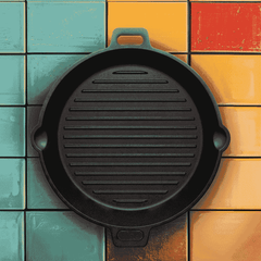 Round 25cm pre-seasoned cast iron grill pan with dual handles on a colorful tiled background.