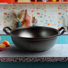 Triton Cast Iron Kadai – 100% Natural & Non-Stick, Heavy Base, Pre-Seasoned | Free Cotton Sleeves for Handles + Storage Bag - 22 cm