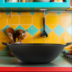 Classic Cast Iron Kadai – 100% Natural & Non-Stick, Heavy Base, Pre-Seasoned | Free Cotton Sleeves for Handles + Storage Bag - 24 cm
