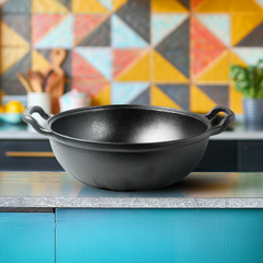 Triton Cast Iron Kadai – 100% Natural & Non-Stick, Heavy Base, Pre-Seasoned | Free Cotton Sleeves for Handles + Storage Bag - 20 cm