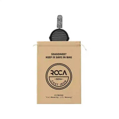 Roca 12.5cm cast iron grill pan with a patterned handle sleeve and a branded cotton storage bag.